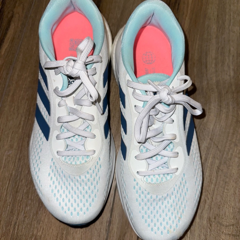 Adidas White and Blue Athletic Shoes with Breathable Mesh